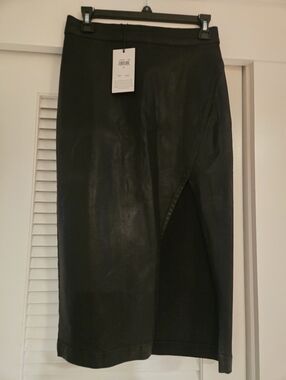 7 For All Mankind Black Faux-Leather Midi Skirt with Asymmetric Front Slit
